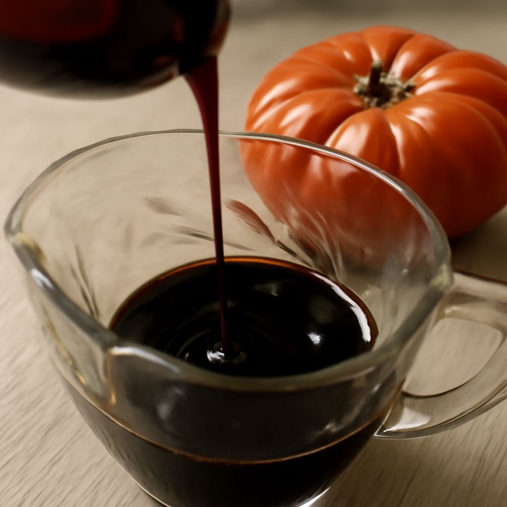 Glossy balsamic vinegar reduction in a small saucepan
