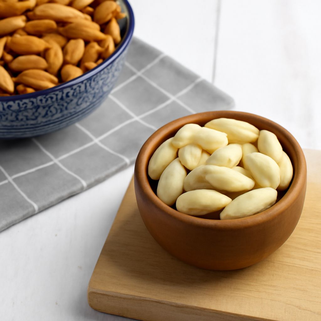Blanching almonds in hot water before peeling the skins