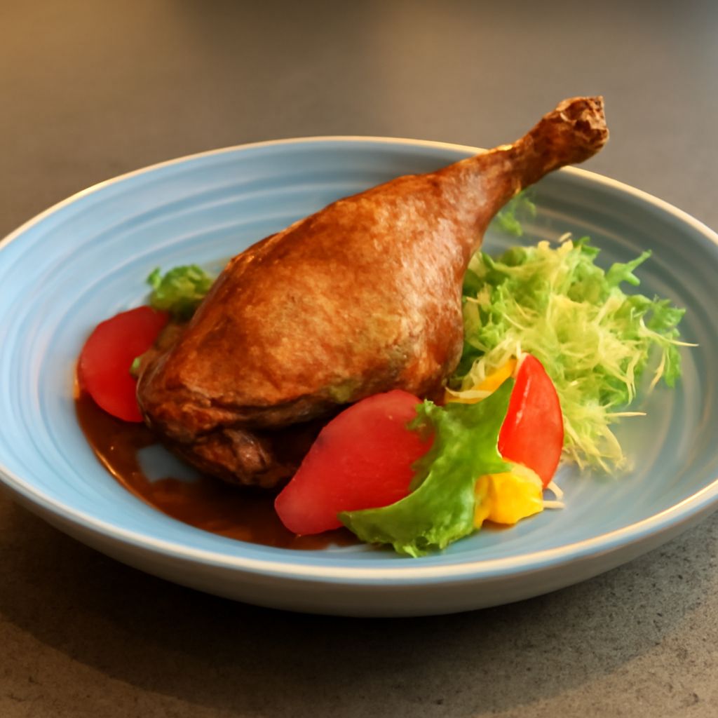 Confit cooking in a pot with slow-cooked ingredients