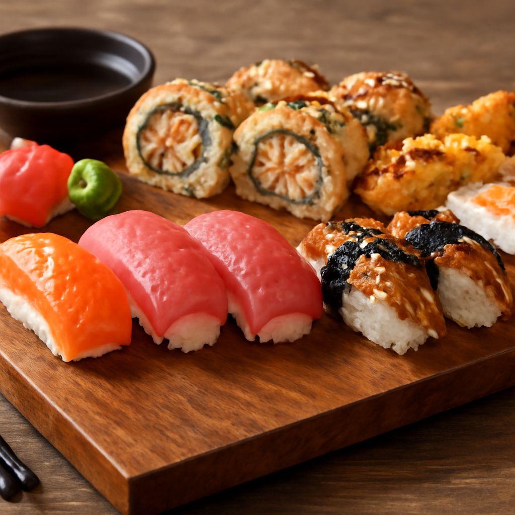 Assorted cooked sushi rolls and sushi styles on a plate