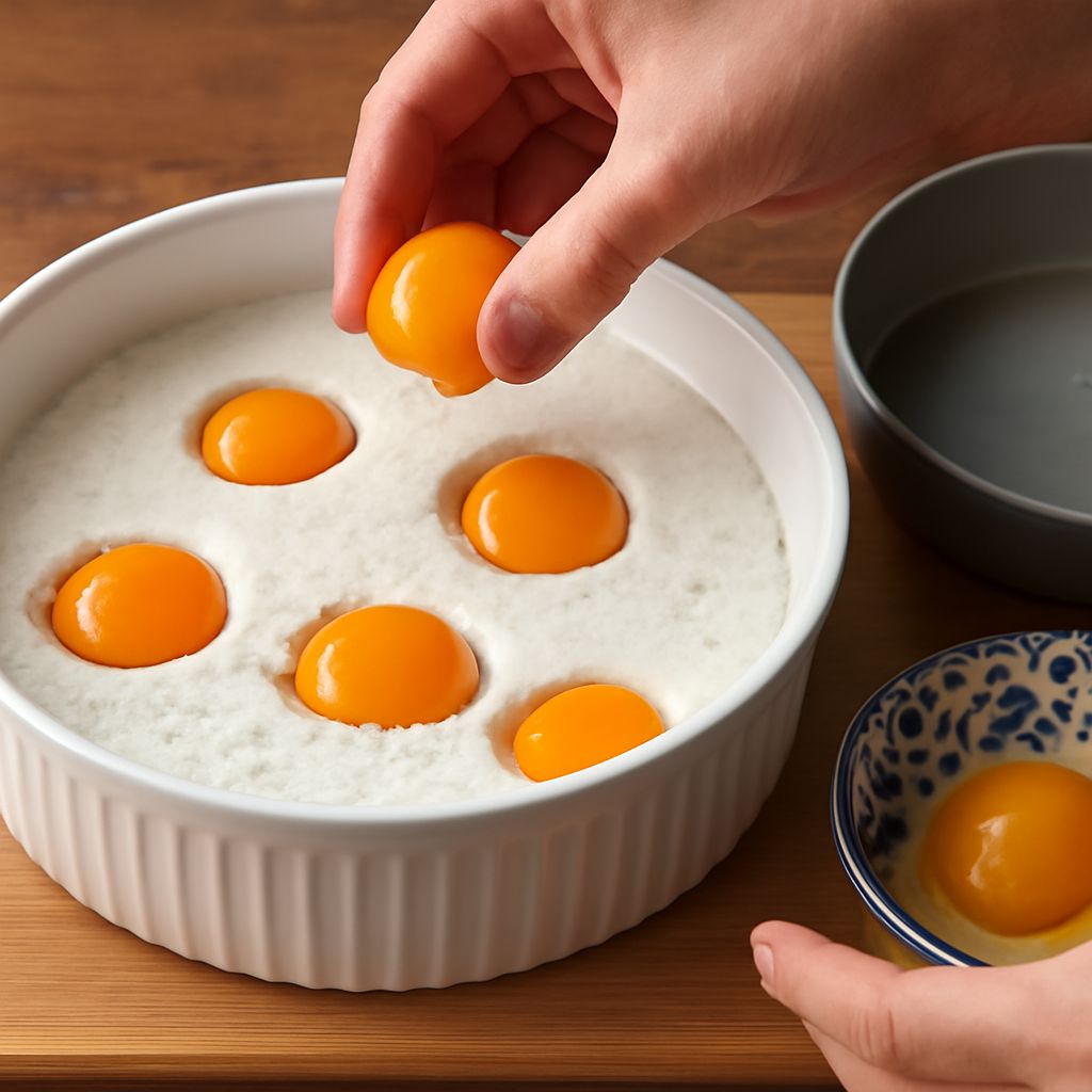 Cured egg yolk on a plate with salt cure ingredients