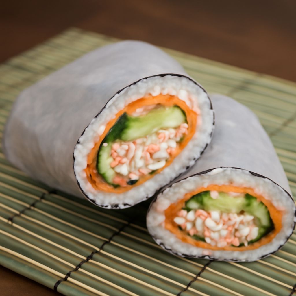 Fusion sushi rolls with mixed ingredients on a restaurant plate