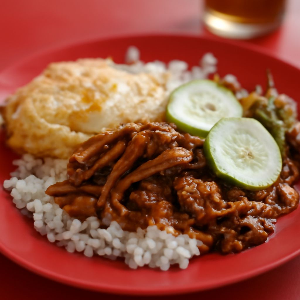 A selection of Malaysian food dishes including rice, noodles, curry, and sambal