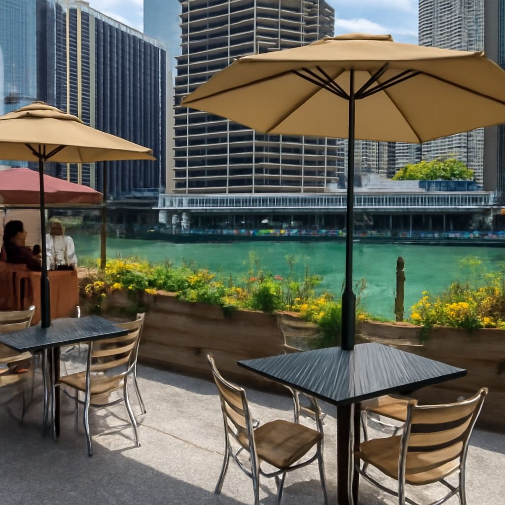 Restaurants on the Riverwalk along a scenic waterfront promenade