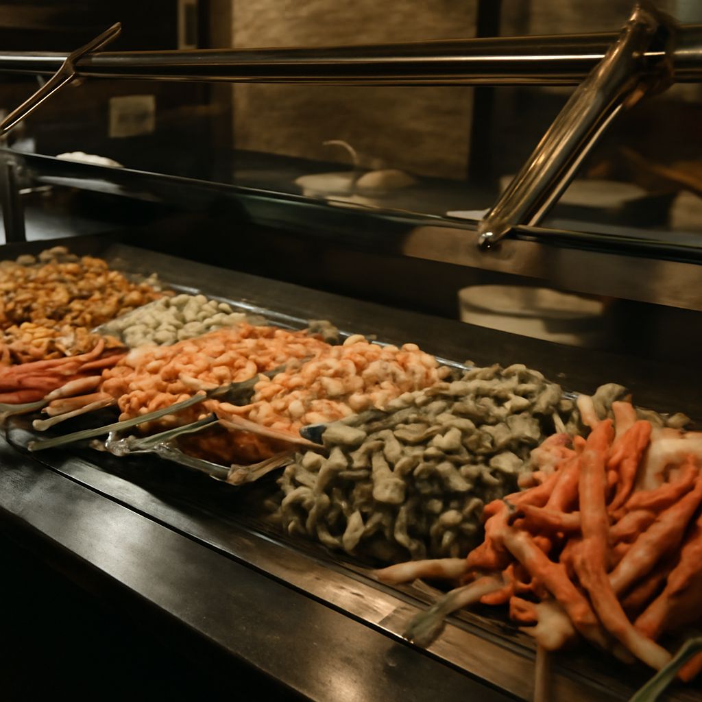 Sushi buffet trays with rolls, nigiri, and seafood selection