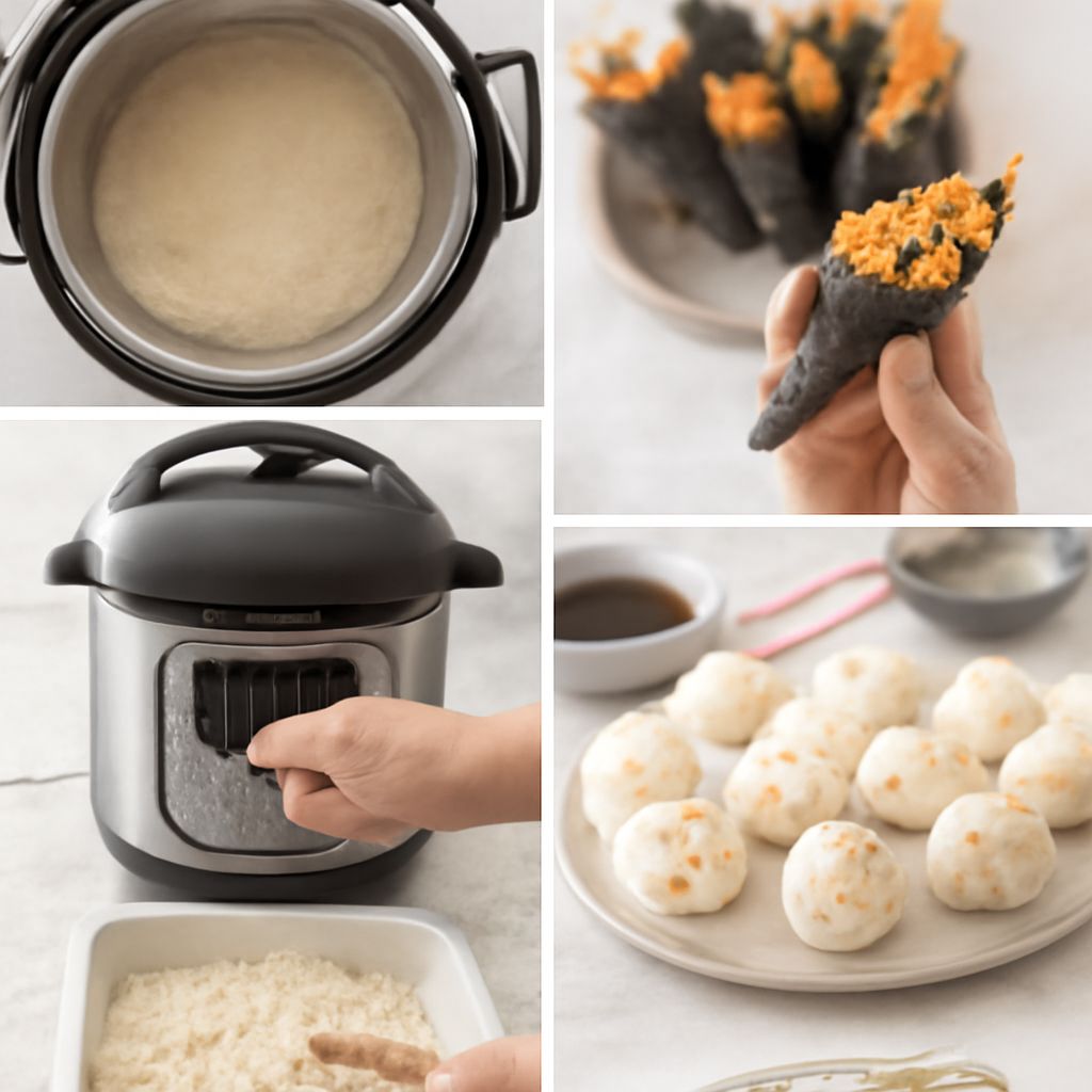 Sushi rice in a rice cooker with seasoned rice ready for sushi