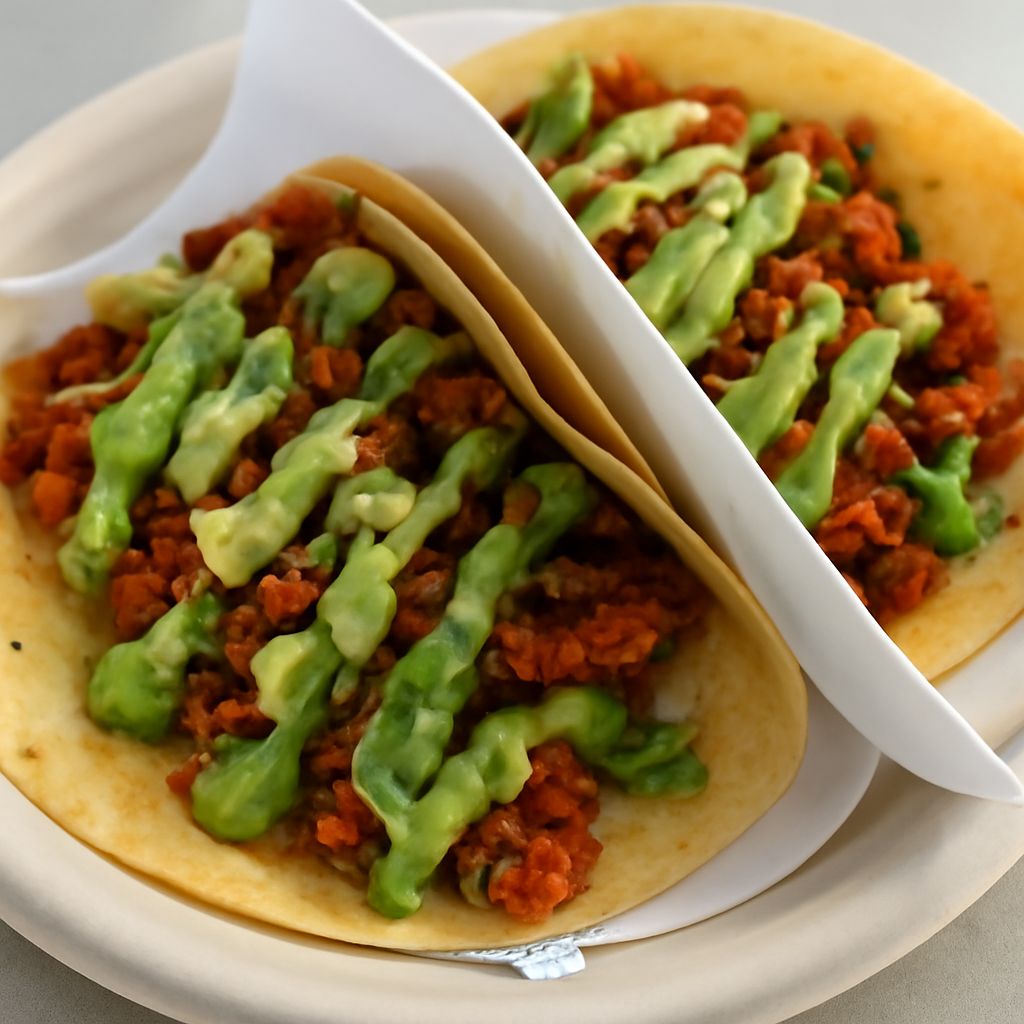 Guajillo adobada tacos topped with onion, cilantro, and lime