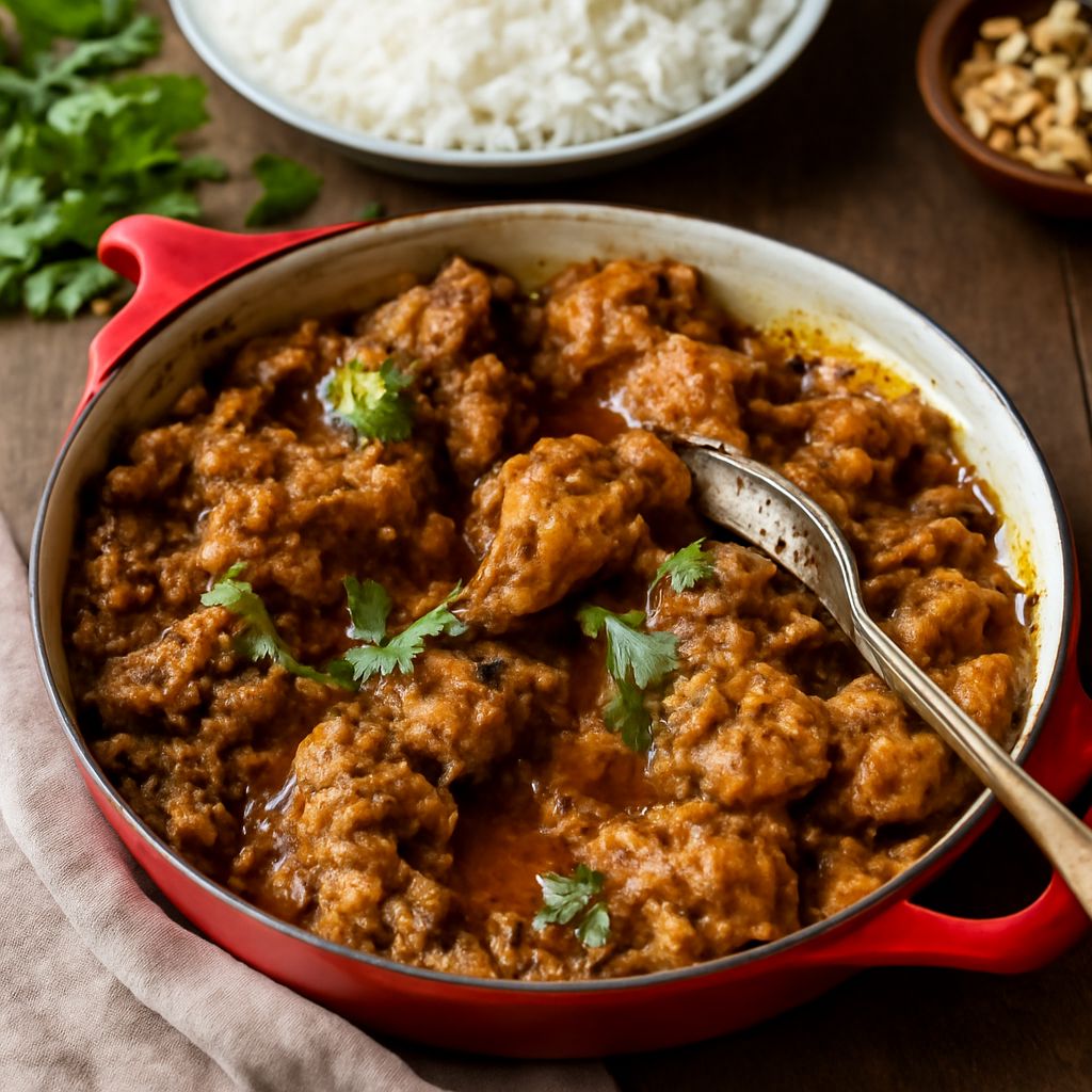 Andhra-style chicken curry with tender pieces and glossy tamarind gravy