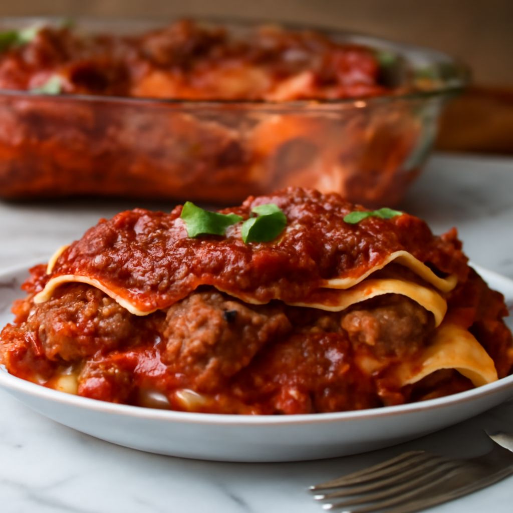 Slice of Emilia-Romagna lasagna al forno with green pasta, ragù, béchamel, and Parmigiano