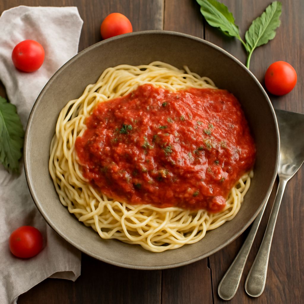 A pot of authentic Italian marinara sauce with garlic and herbs