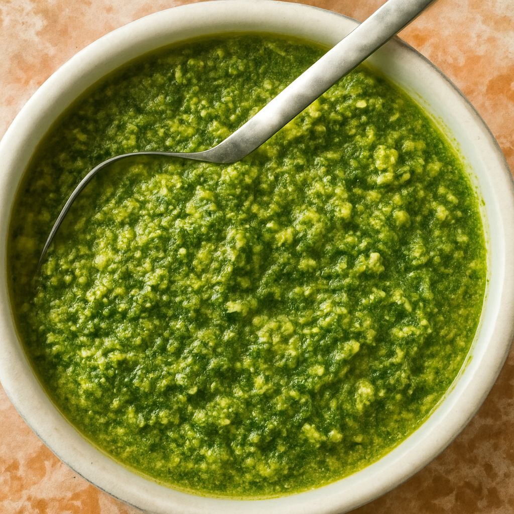 Fresh basil pesto with pine nuts in a mortar