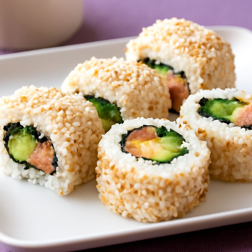 Sliced avocado sushi roll with seasoned rice and nori