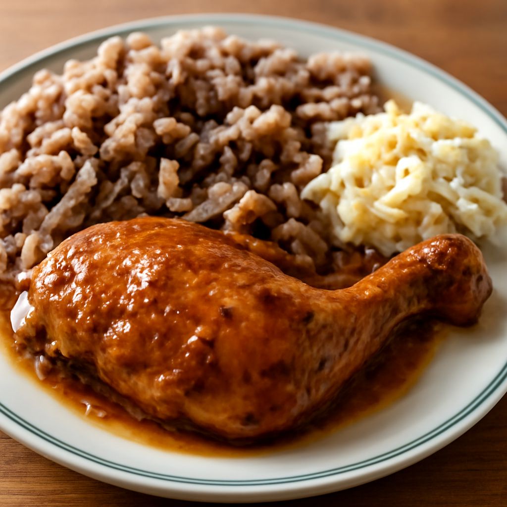 A Belizean food plate with rice and beans, stewed chicken, and plantains