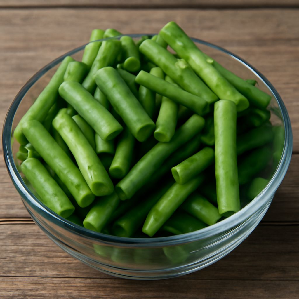 Green beans cooling in an ice bath after blanching