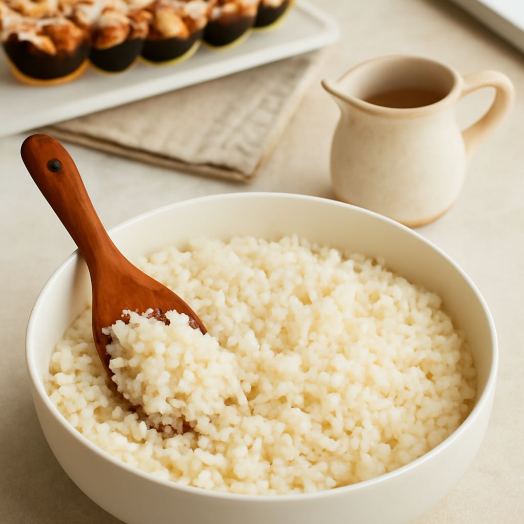 Cooked brown sushi rice cooling beside a bamboo rolling mat