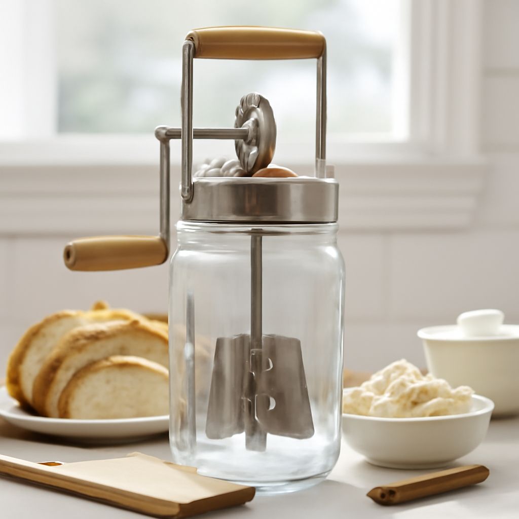 Fresh butter grains separating from buttermilk in a jar