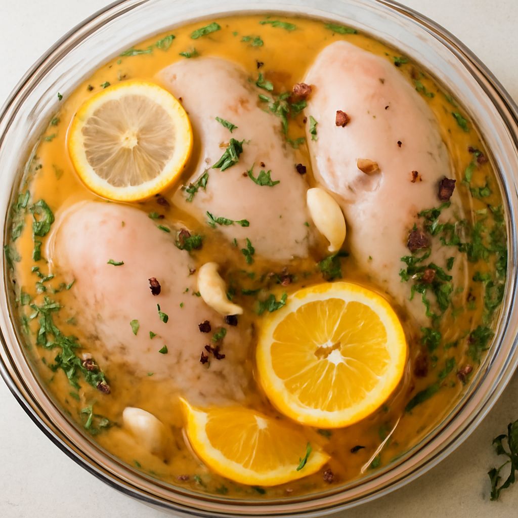Boneless chicken breasts submerged in a measured salt brine