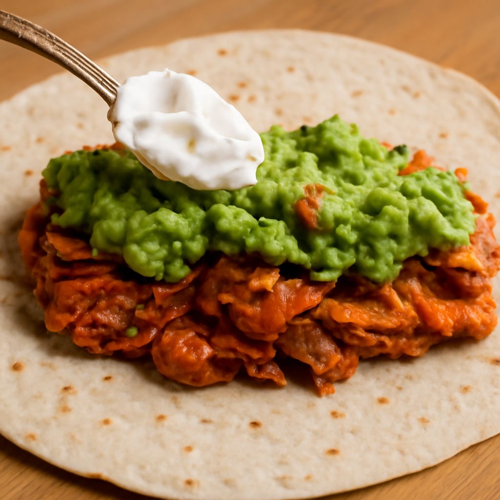 Chicken burrito with moist shredded chicken, rice, beans, and salsa