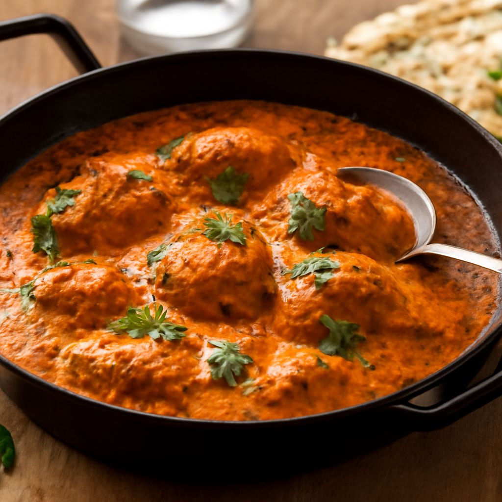 A bowl of hot tomato chicken curry with dried chile and fresh cilantro