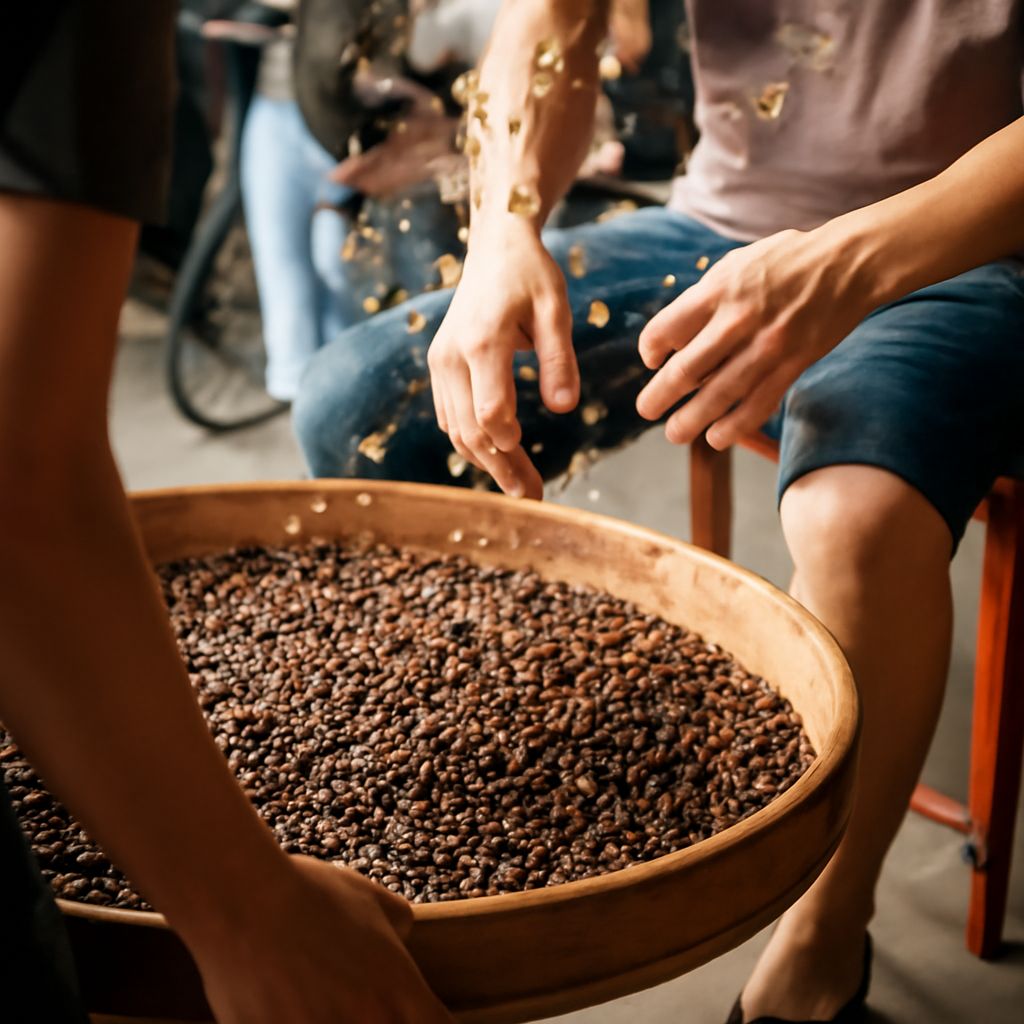 Green coffee beans inside a drum roaster during the roast