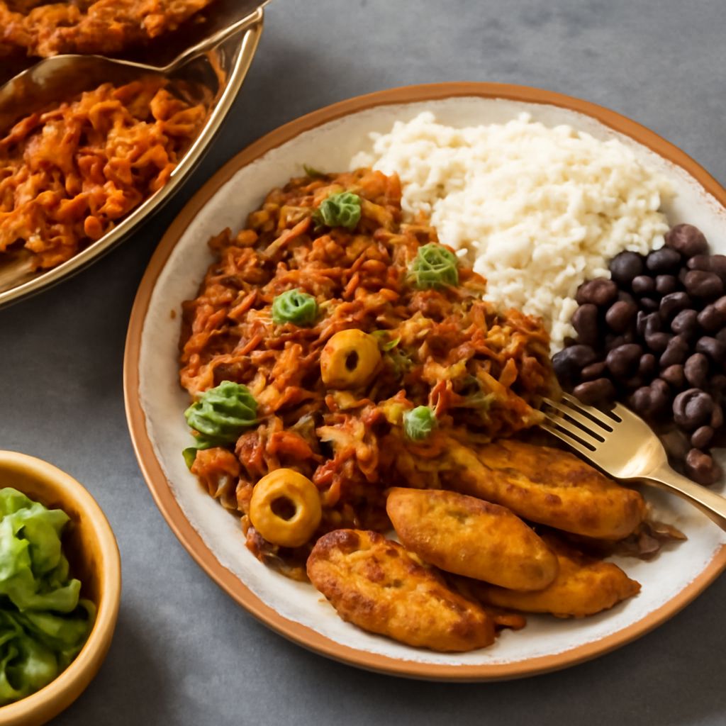 A Cuban spread with ropa vieja, rice and beans, plantains, yuca, and flan