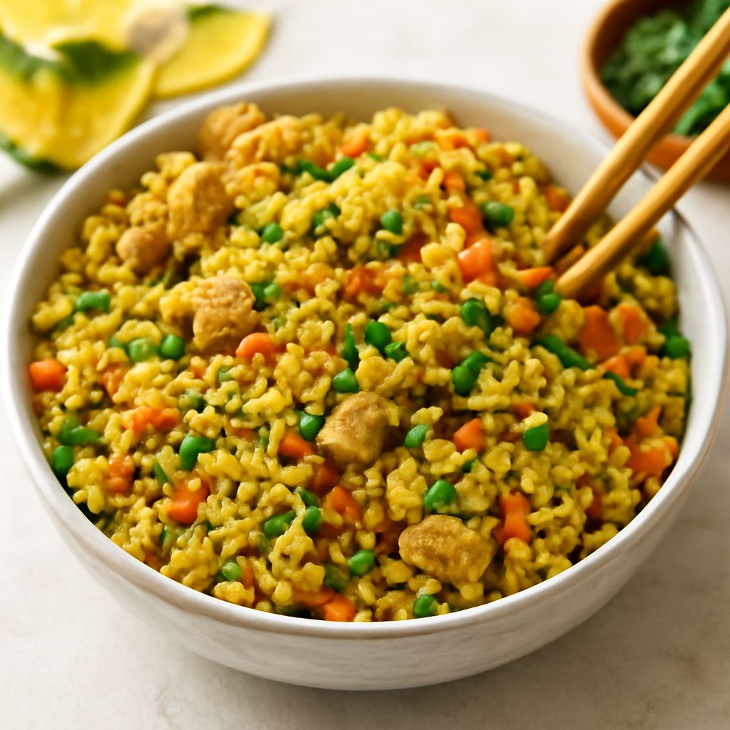 Bowl of golden chicken curry with fluffy basmati rice