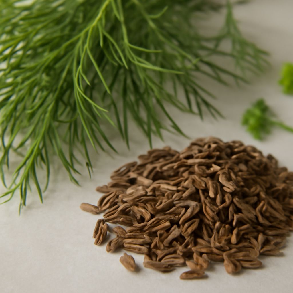 Fresh dill fronds, dried dill weed, and dill seed shown side by side