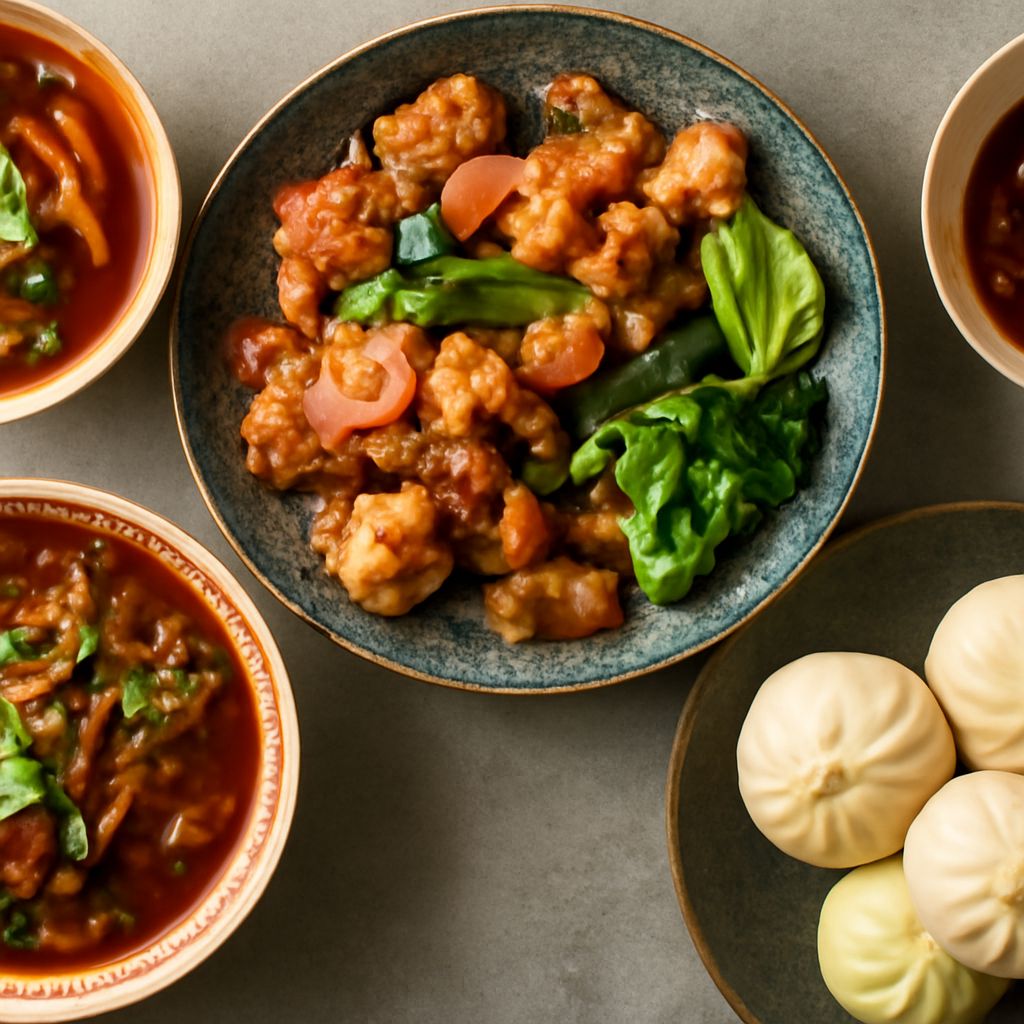 Mapo tofu, gai lan, and scallion noodles prepared at home