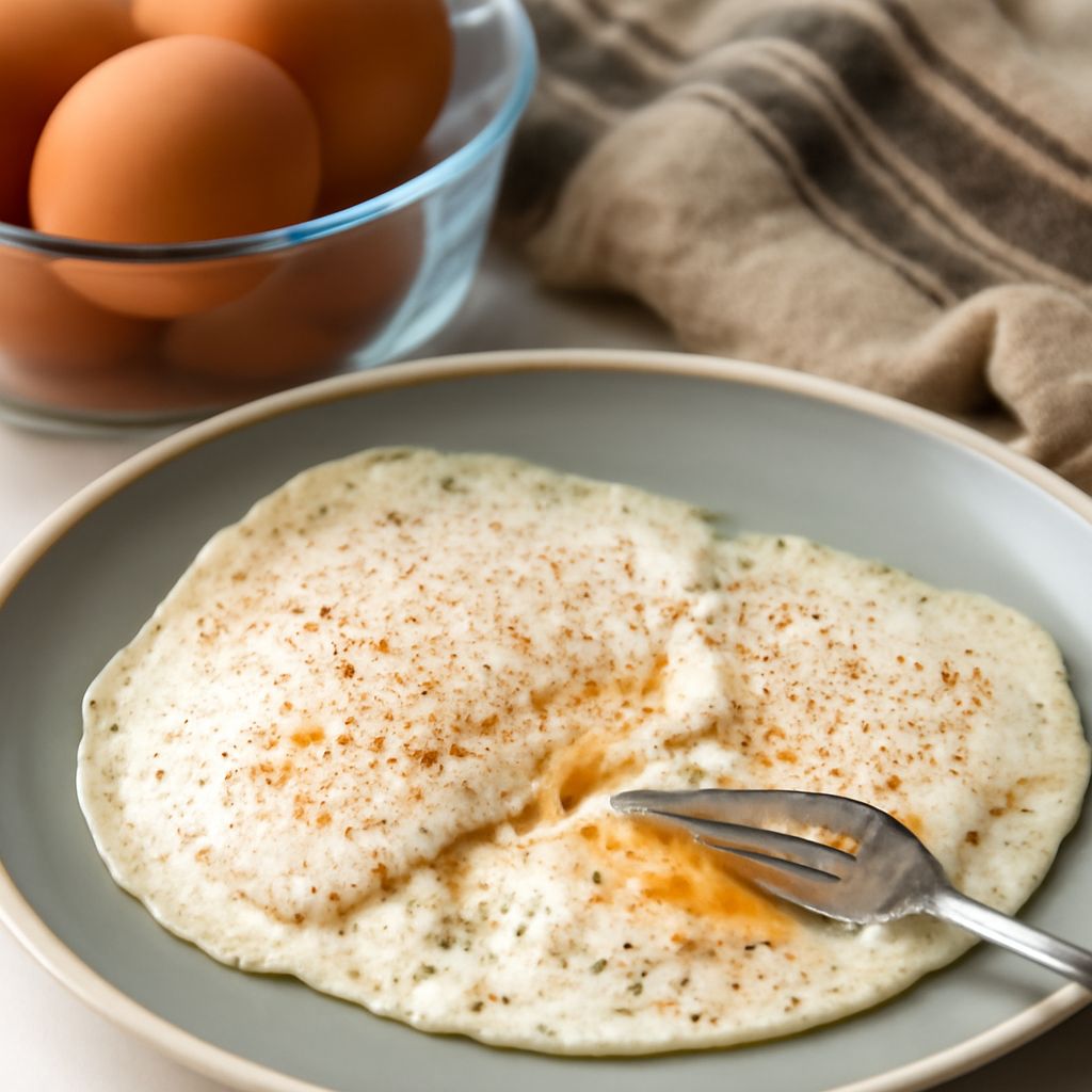 Over-easy egg with tender whites and a runny yolk in a skillet