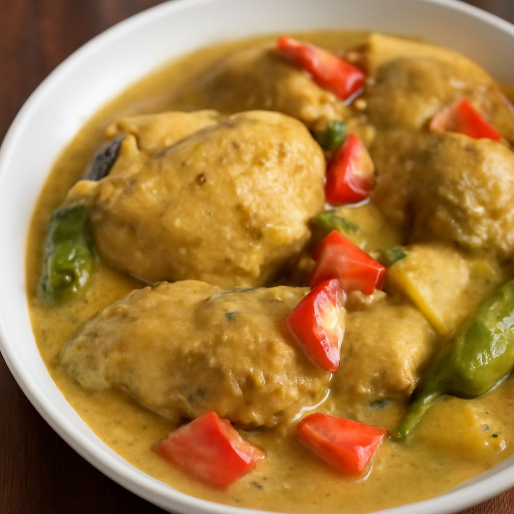 Filipino chicken curry with coconut milk, potatoes, carrots, and bell pepper
