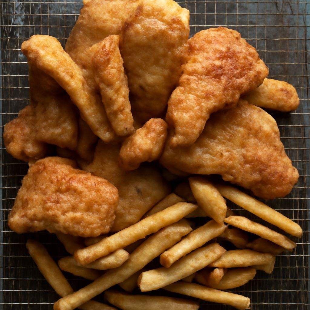 Golden battered fish with fluffy chips, lemon, and malt vinegar