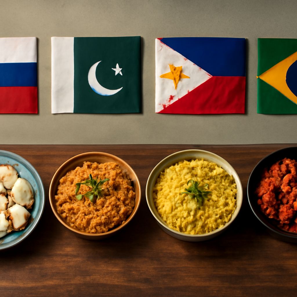 A colorful spread of regional foods from Europe, Asia, Africa, and the Americas