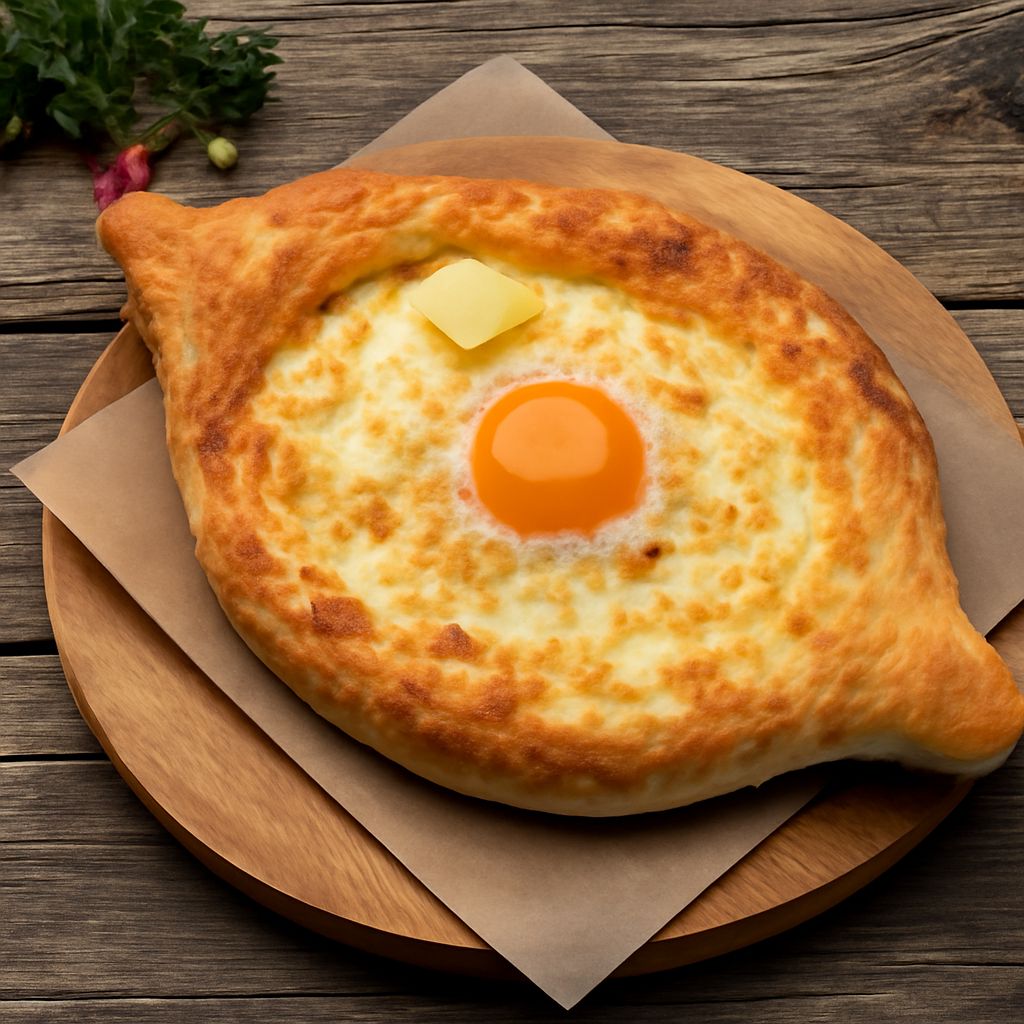 Georgian food spread with khachapuri, khinkali, walnuts, herbs, and cheese