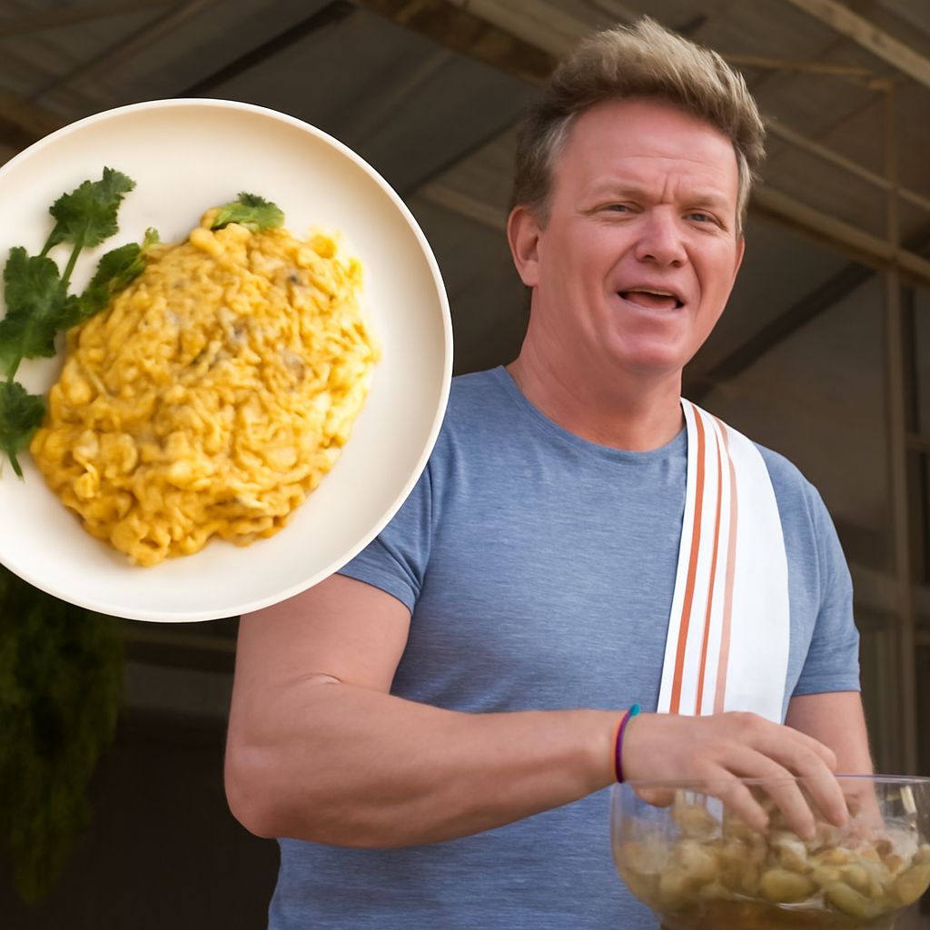 Creamy scrambled eggs with small glossy curds in a skillet