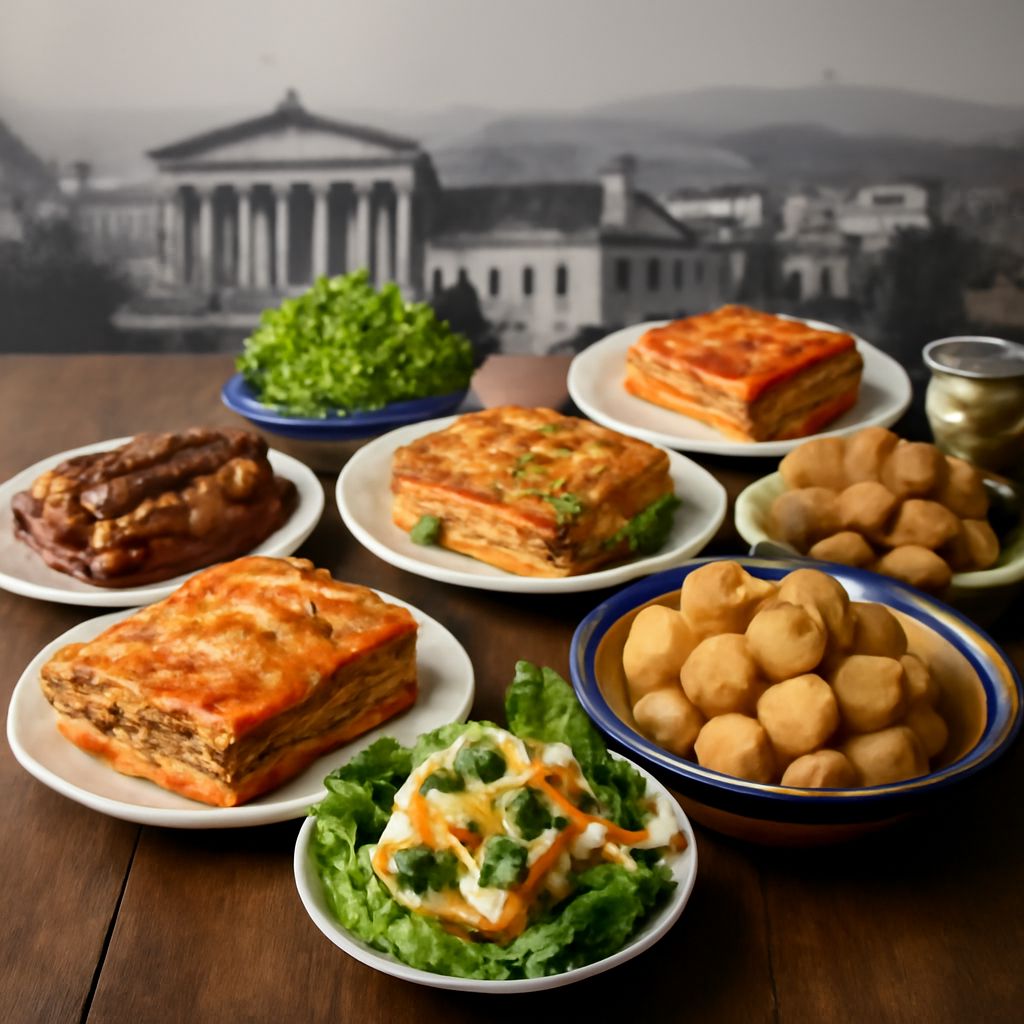 A Greek table with mezze, spanakopita, grilled seafood, moussaka, and baklava