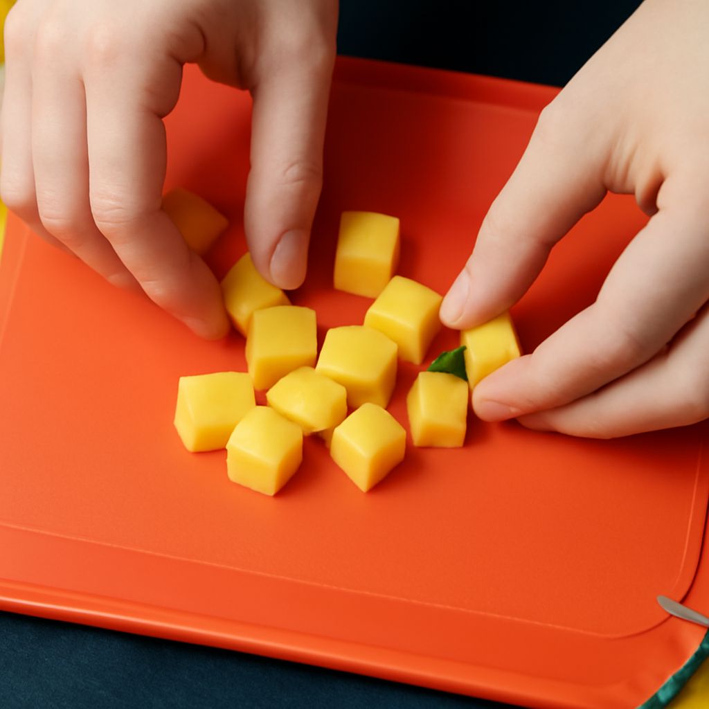 Hands cutting a potato into even cubes on a cutting board