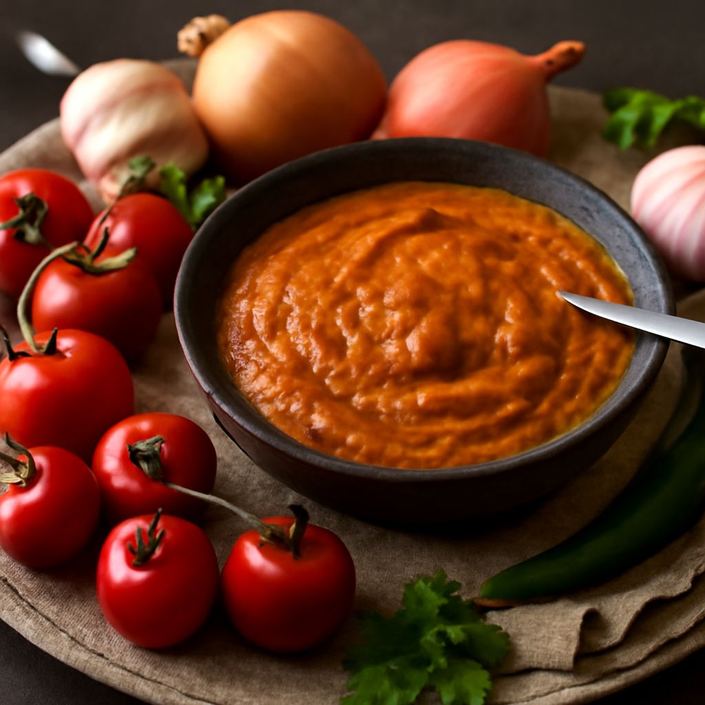 A bowl of Indian curry sauce with onion, tomato, and spices