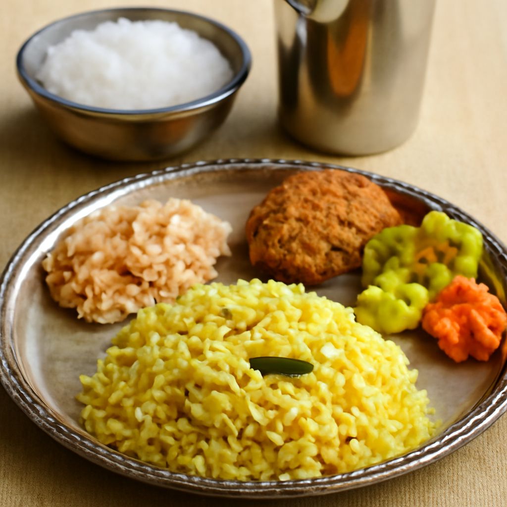 Indian lunch with dal, rice, roti, vegetables, and yogurt