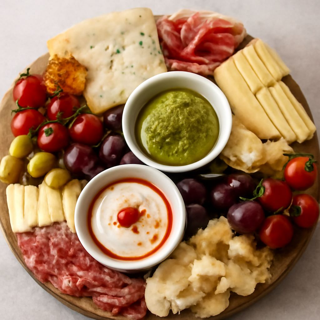 Cured meats, Italian cheeses, olives, fruit, bread, and crackers arranged on a serving board.