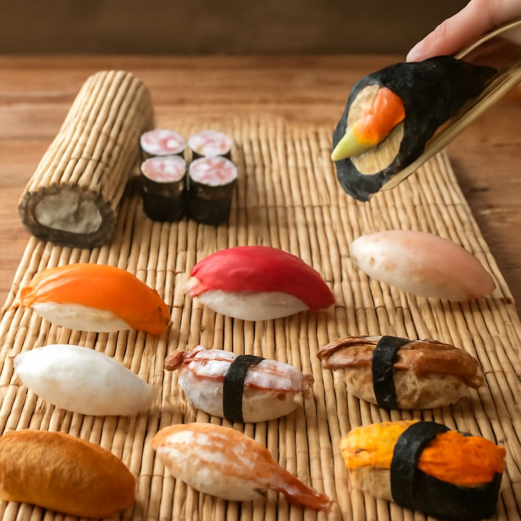 A platter showing nigiri, maki rolls, temaki, sashimi slices, and vegetable sushi