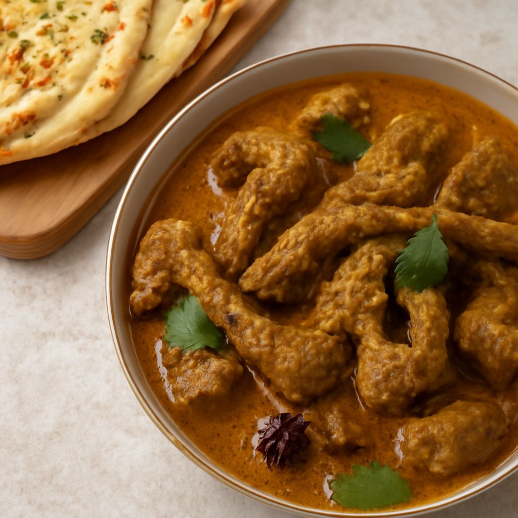 Lamb curry with coconut milk served with rice and fresh herbs