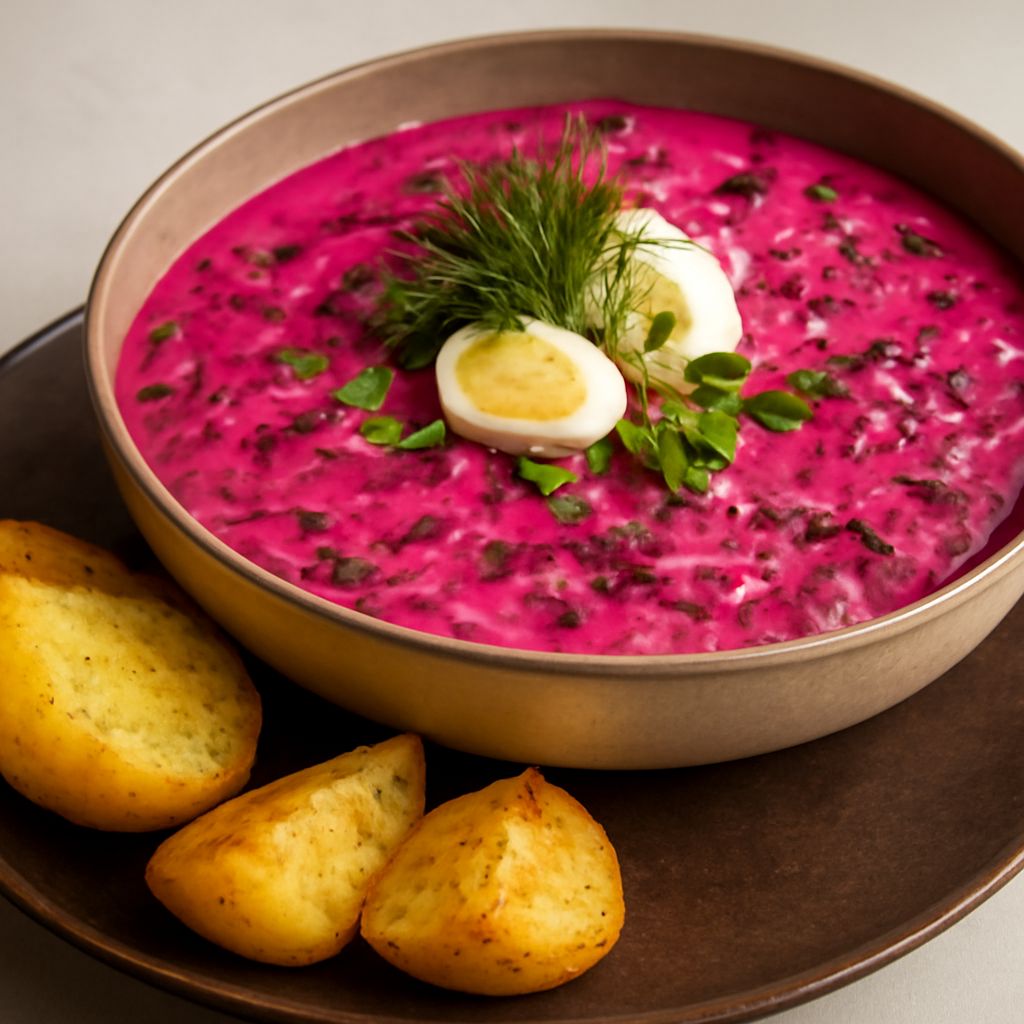 Cepelinai, rye bread, and pink beet soup on a Lithuanian table