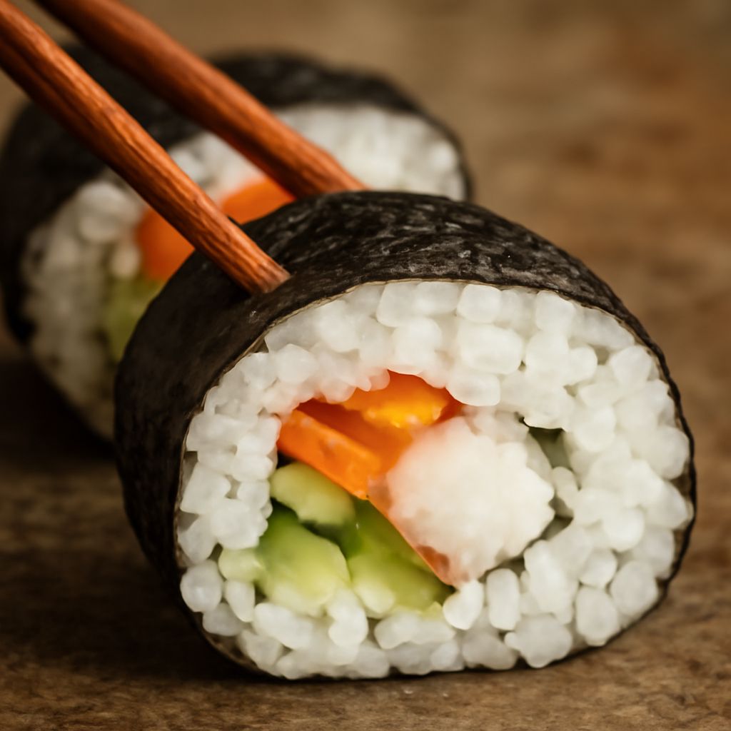 Assorted maki sushi rolls showing hosomaki, futomaki, uramaki, and temaki