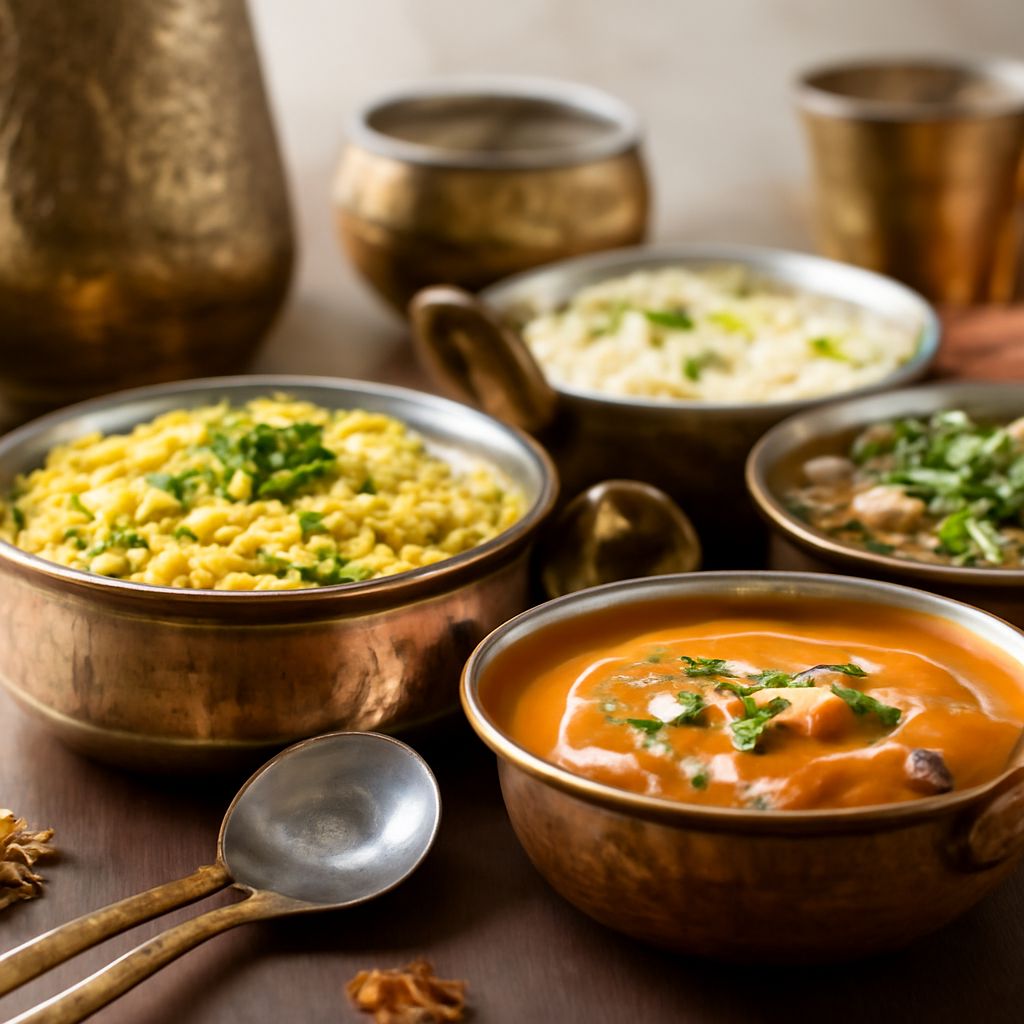 Colorful spread of Indian curries, grilled kebabs, rice, breads, snacks, and sweets