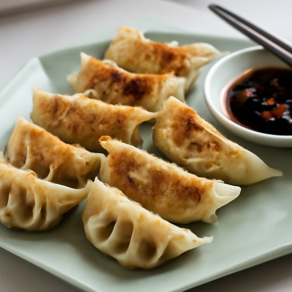 Pan fried dumplings with golden crisp bottoms beside soy-vinegar dipping sauce