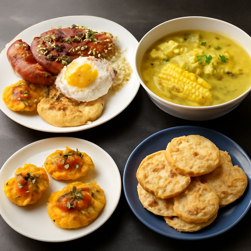 Popular Colombian food with arepas, rice, beans, plantains, and fresh fruit