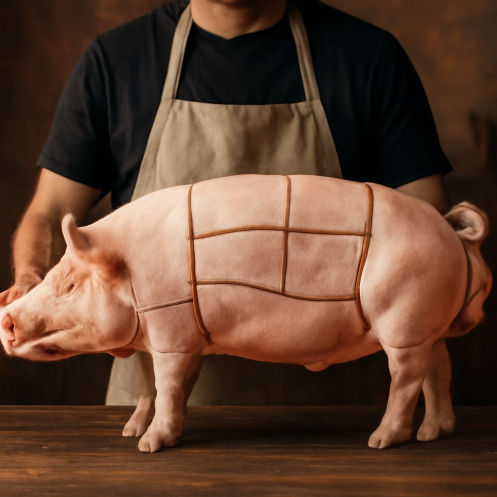 Labeled pig primal sections from shoulder to leg with retail cuts