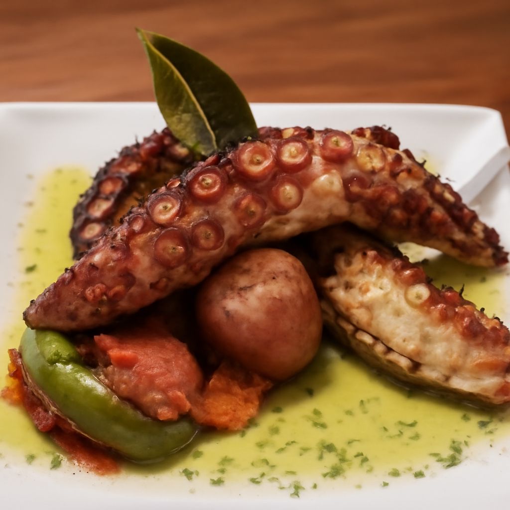 Portuguese cuisine with cod, seafood, bread, olive oil and pastries