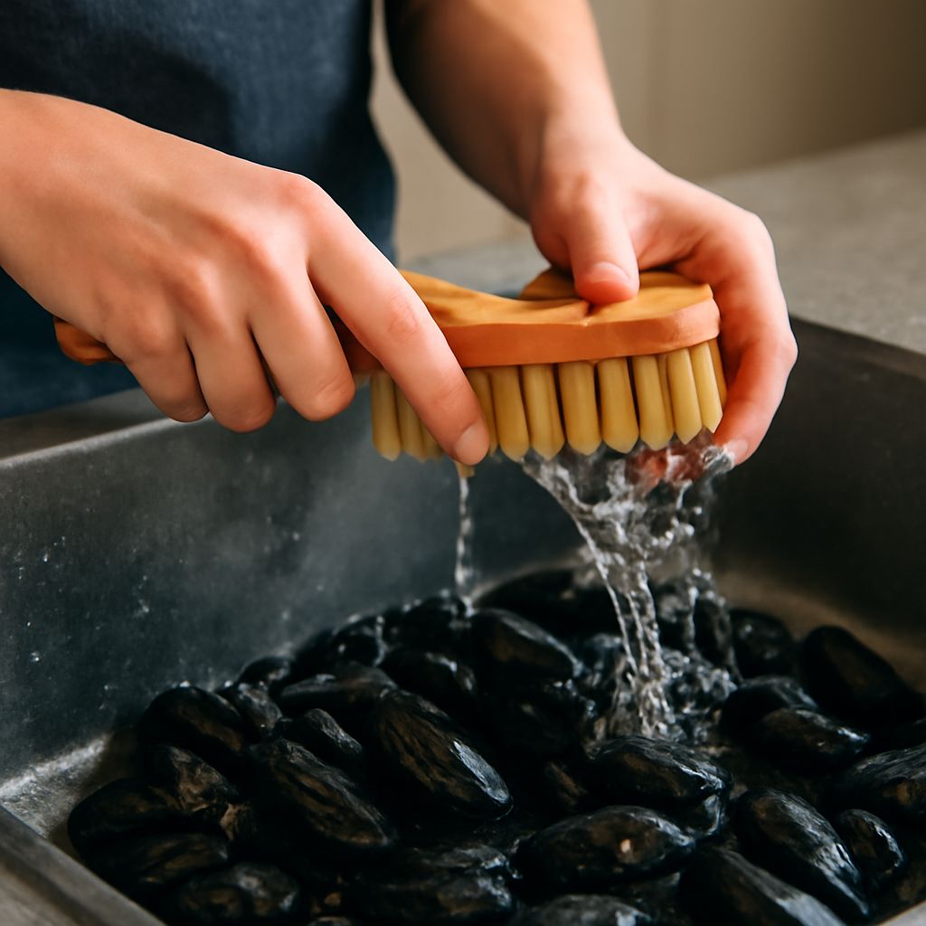 Mussels being scrubbed and debearded before cooking