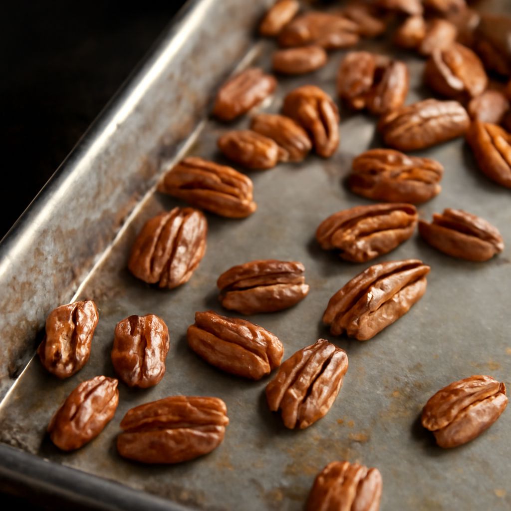 Walnuts spread in a single layer on a baking sheet after oven toasting